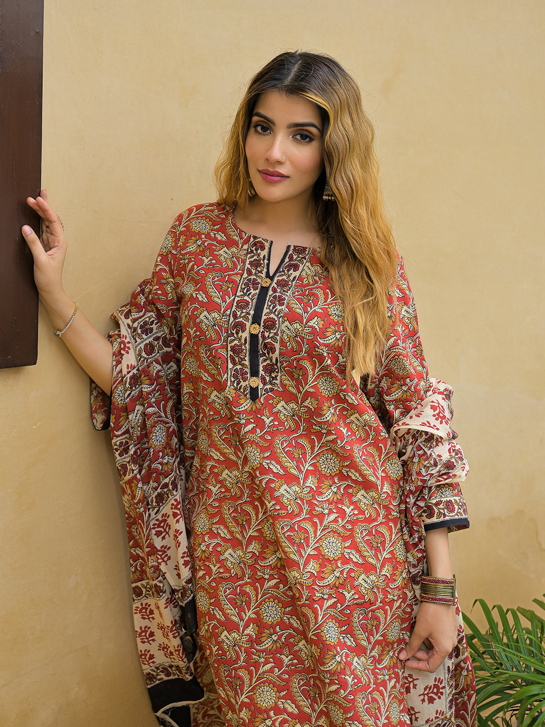 Maroon Hand Block Cotton Straight Kurta Pant With Dupatta