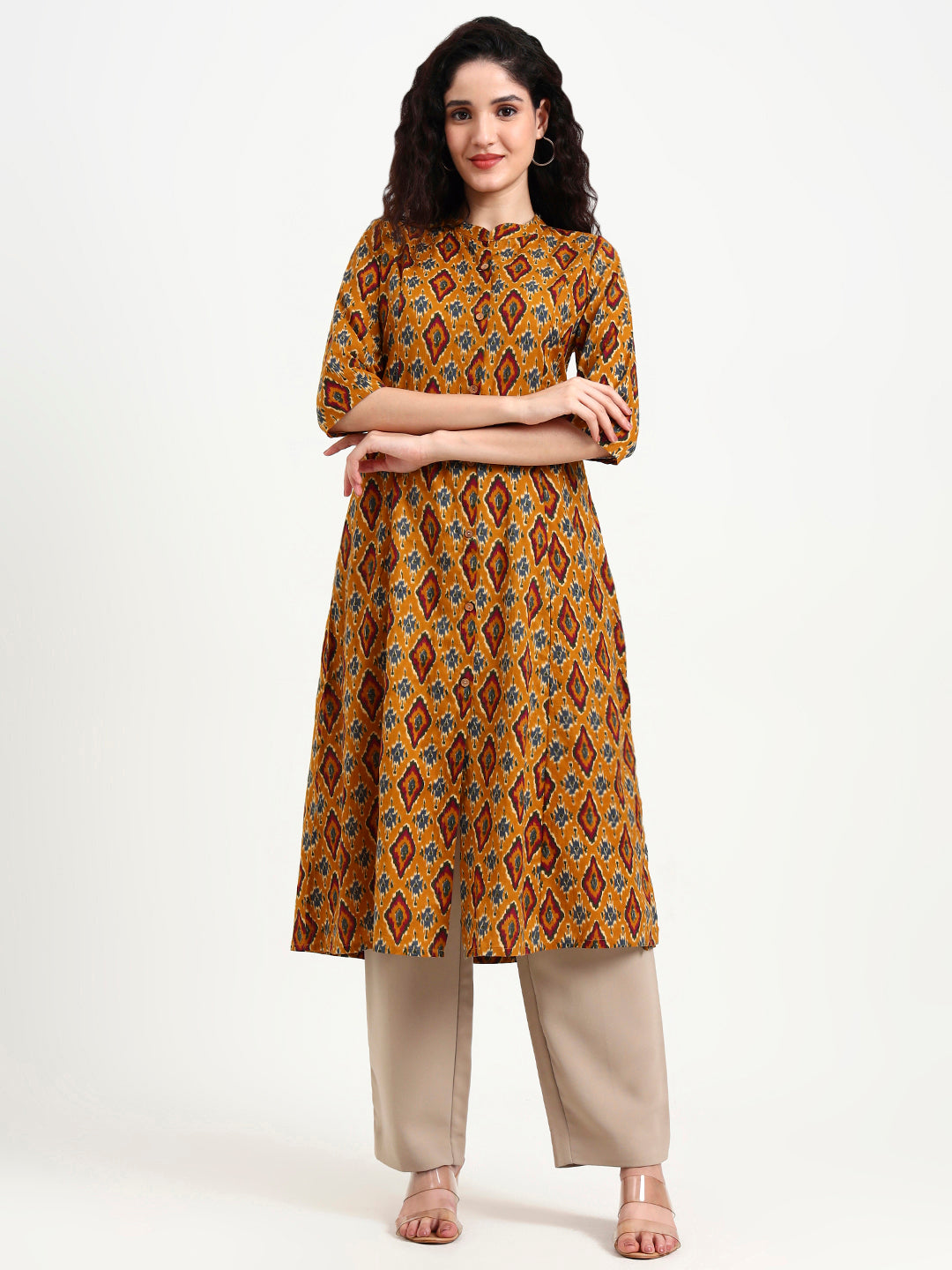Mustard Ikkat Print Cotton Kurta