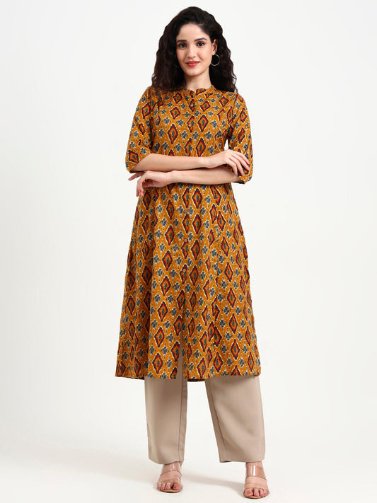 Mustard Ikkat Print Cotton Kurta