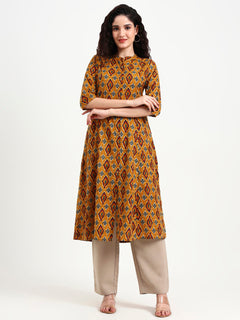 Mustard Ikkat Print Cotton Kurta