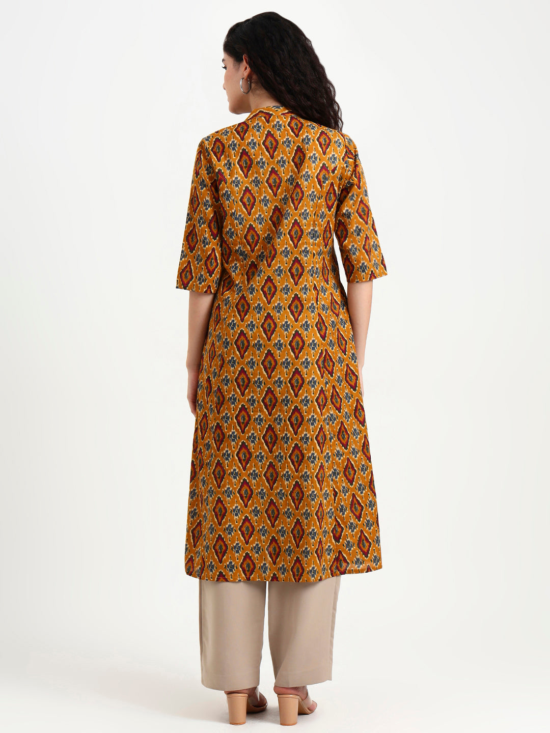 Mustard Ikkat Print Cotton Kurta