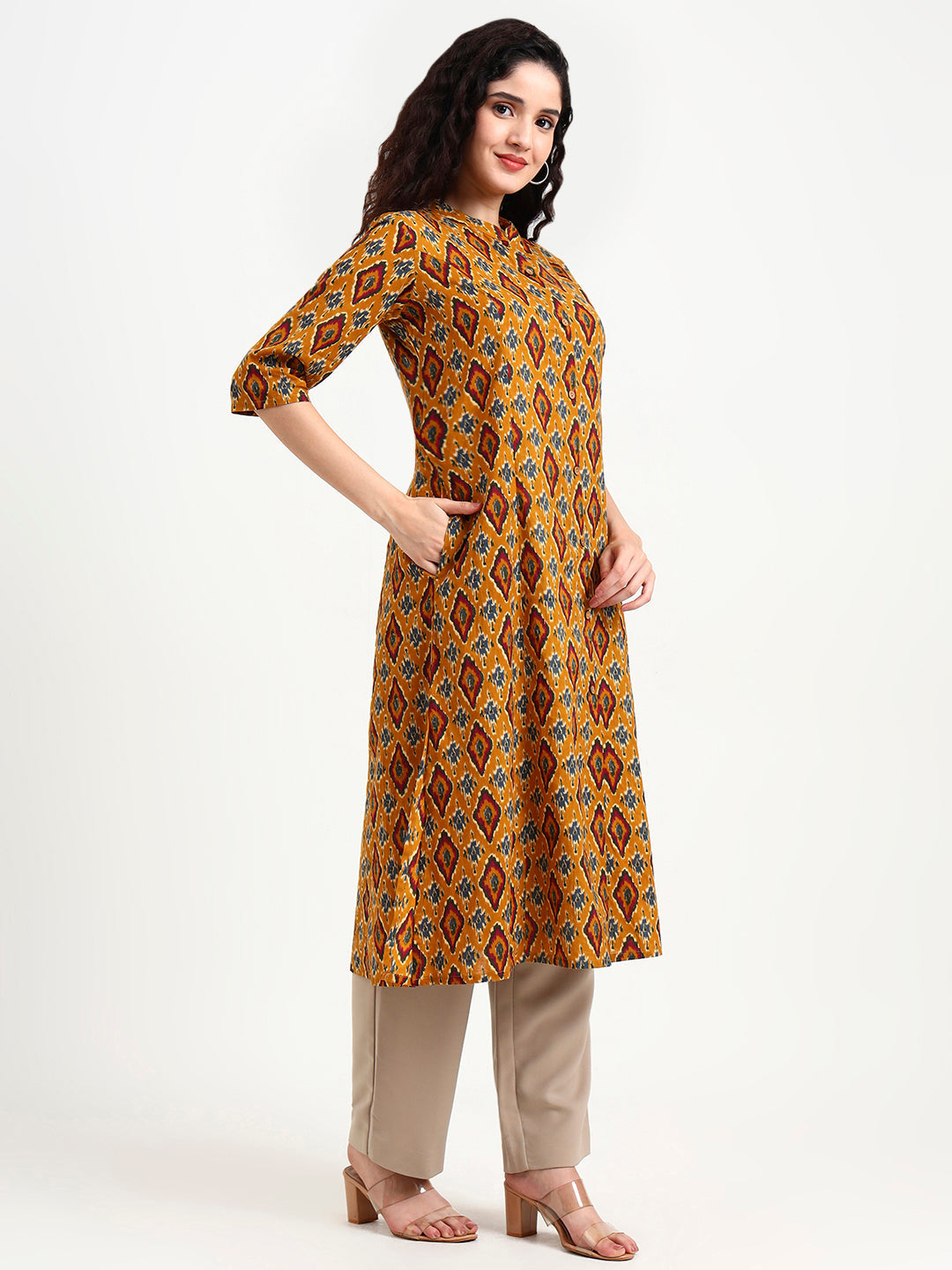 Mustard Ikkat Print Cotton Kurta