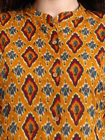 Mustard Ikkat Print Cotton Kurta