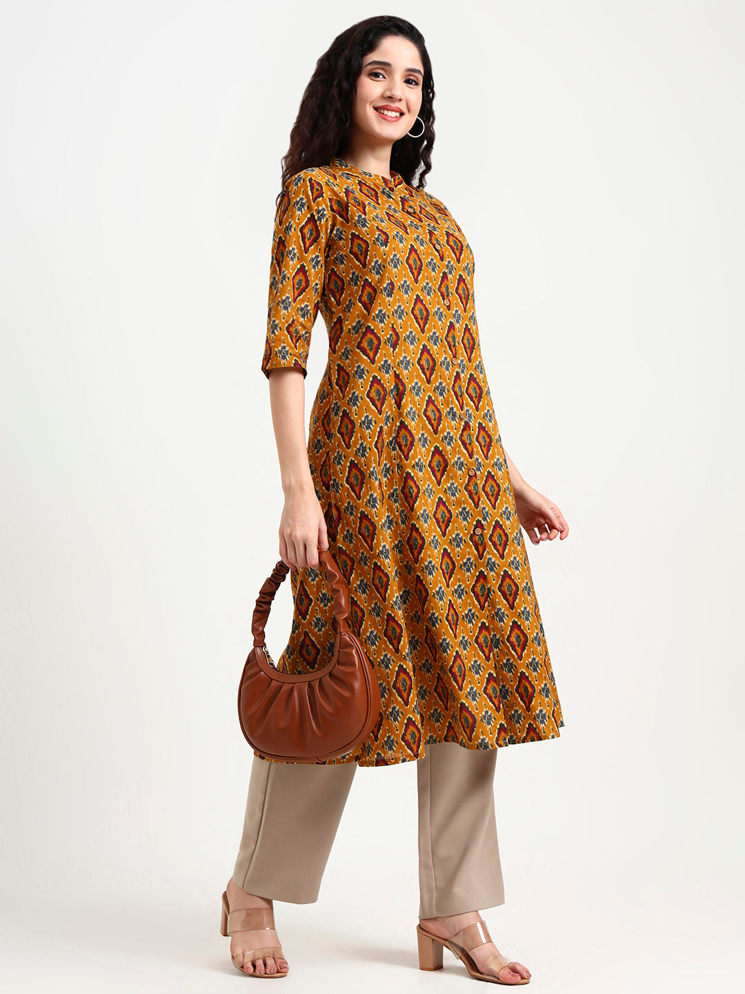 Mustard Ikkat Print Cotton Kurta
