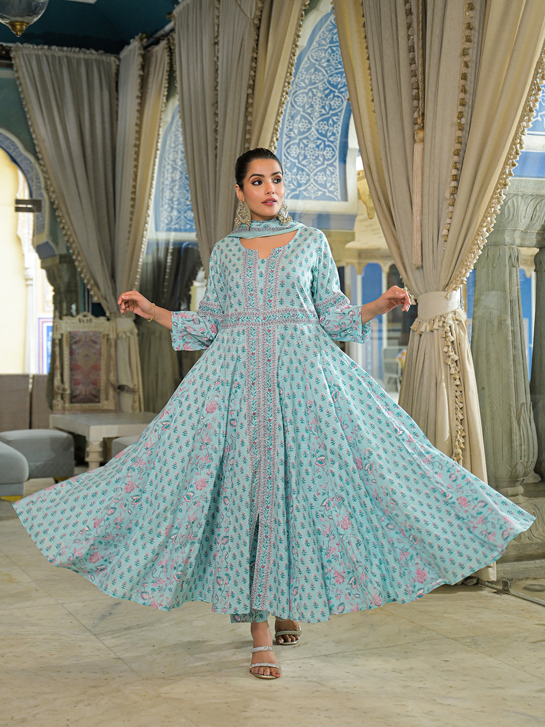Sky Blue  Ethnic Motif Cotton Anarkali Kurta Pant With Dupatta