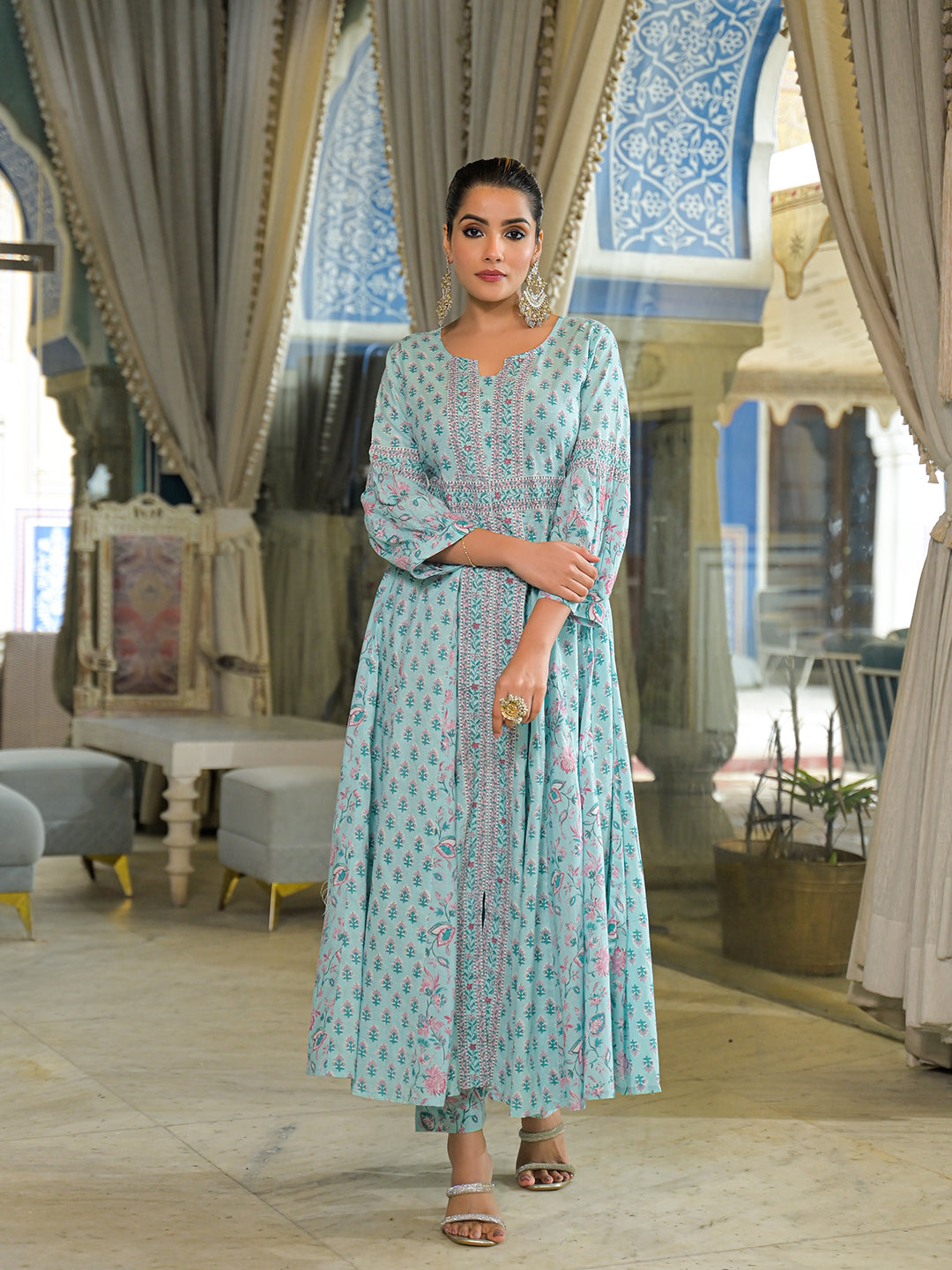 Sky Blue  Ethnic Motif Cotton Anarkali Kurta Pant With Dupatta