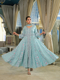 Sky Blue  Ethnic Motif Cotton Anarkali Kurta Pant With Dupatta