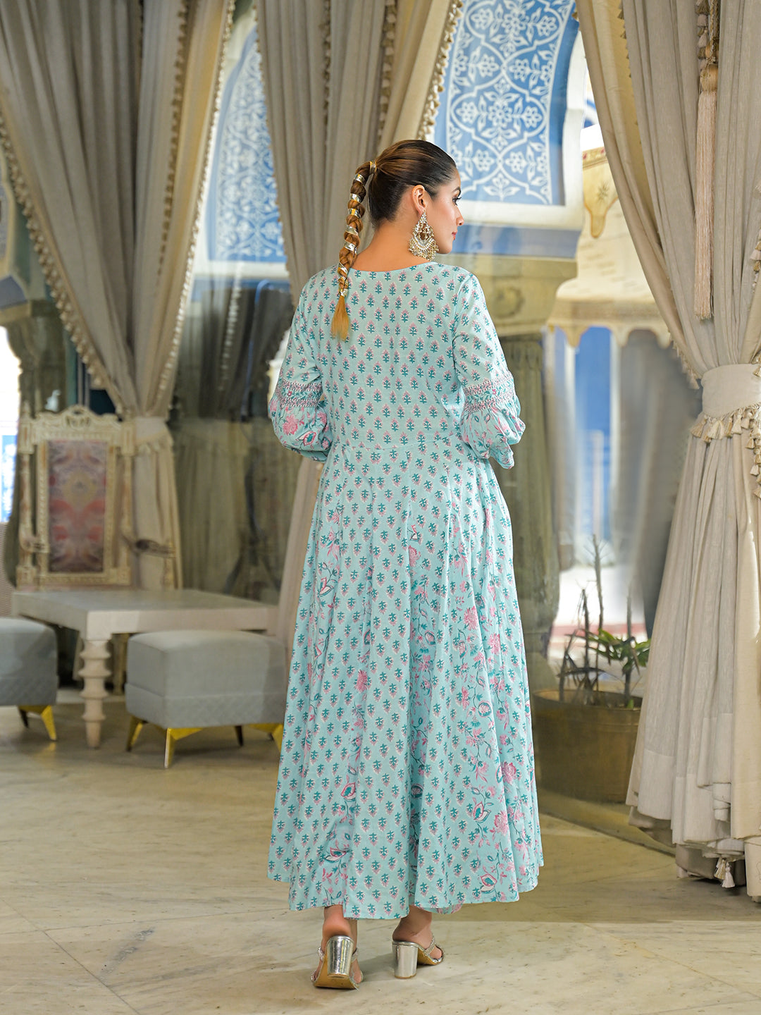 Sky Blue  Ethnic Motif Cotton Anarkali Kurta Pant With Dupatta
