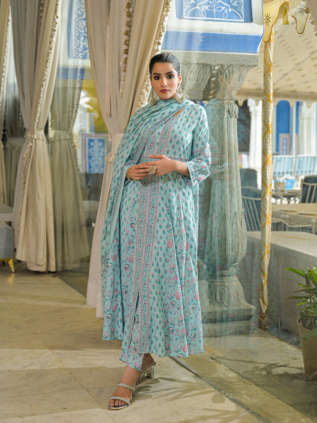 Sky Blue  Ethnic Motif Cotton Anarkali Kurta Pant With Dupatta