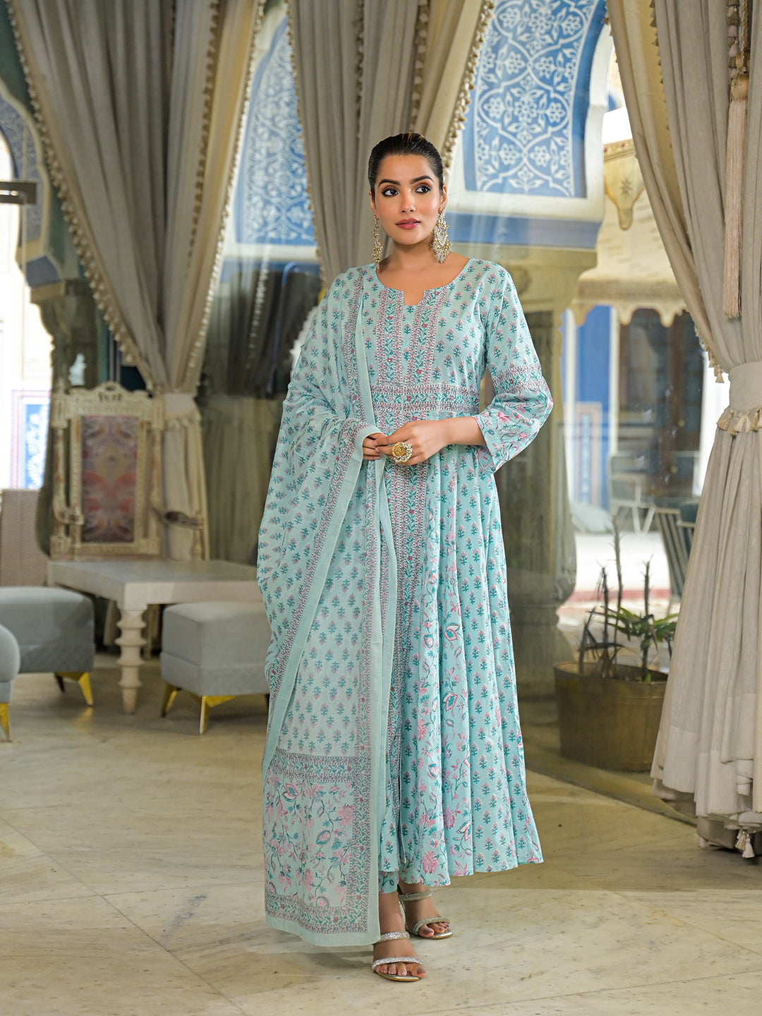 Sky Blue  Ethnic Motif Cotton Anarkali Kurta Pant With Dupatta