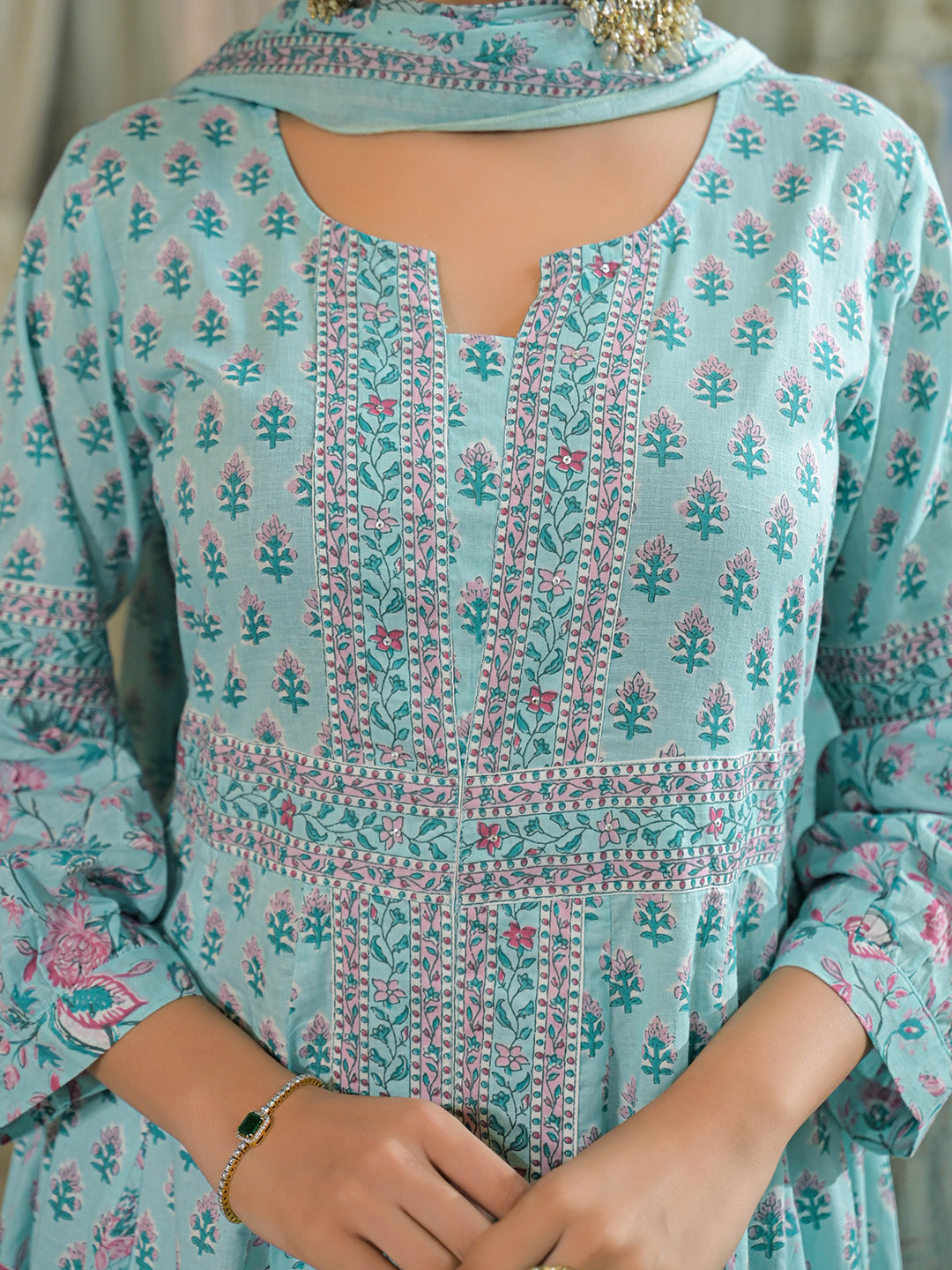 Sky Blue  Ethnic Motif Cotton Anarkali Kurta Pant With Dupatta