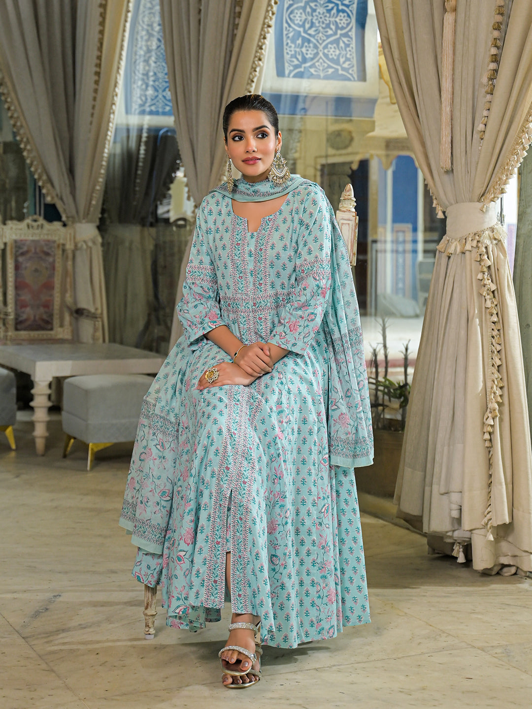 Sky Blue  Ethnic Motif Cotton Anarkali Kurta Pant With Dupatta