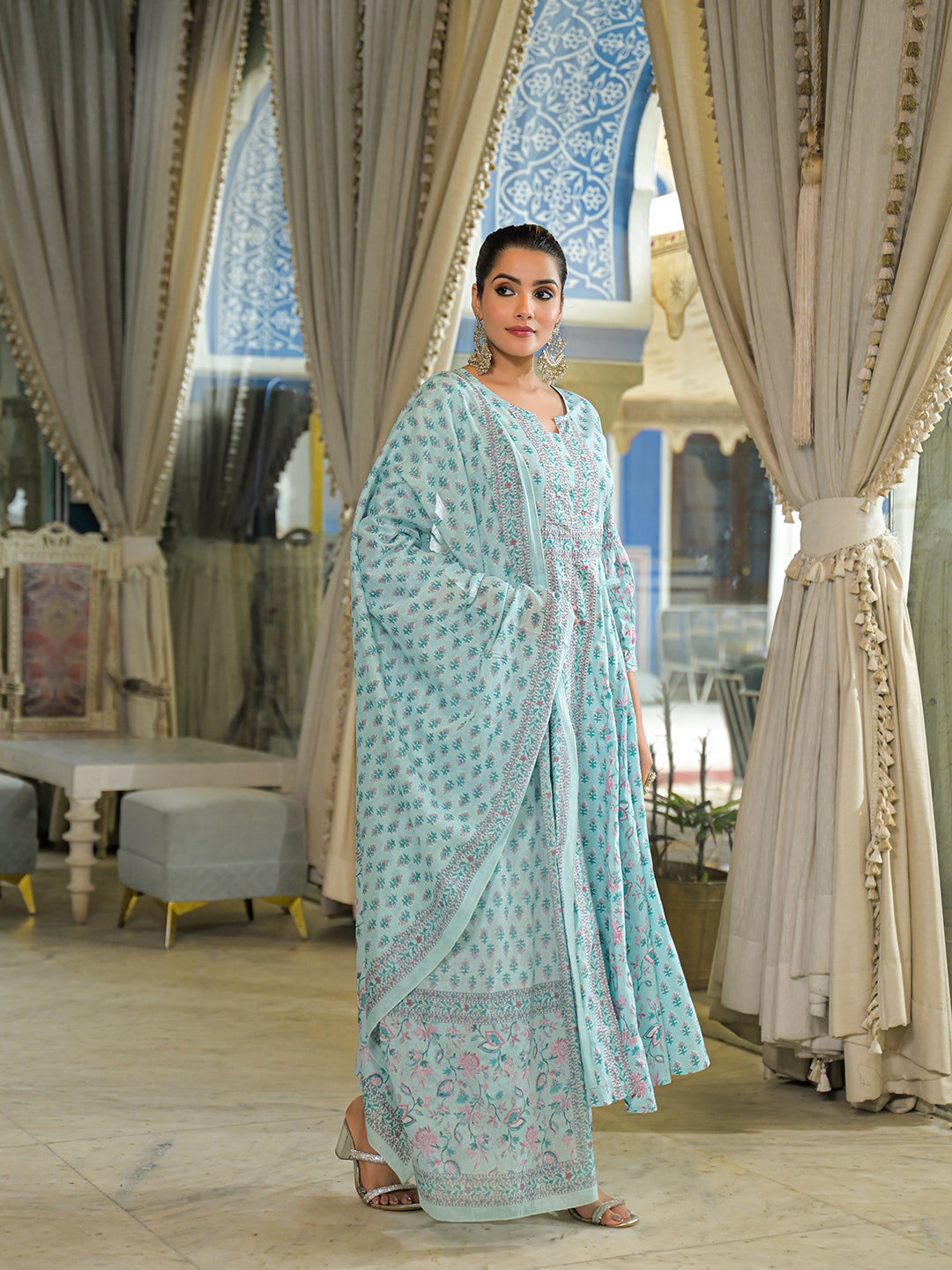 Sky Blue  Ethnic Motif Cotton Anarkali Kurta Pant With Dupatta