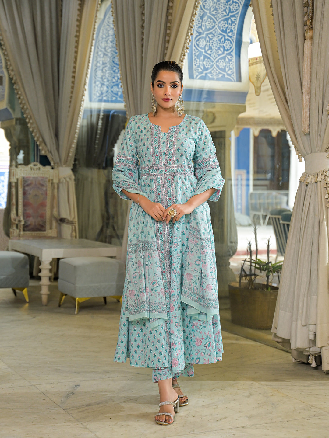 Sky Blue  Ethnic Motif Cotton Anarkali Kurta Pant With Dupatta
