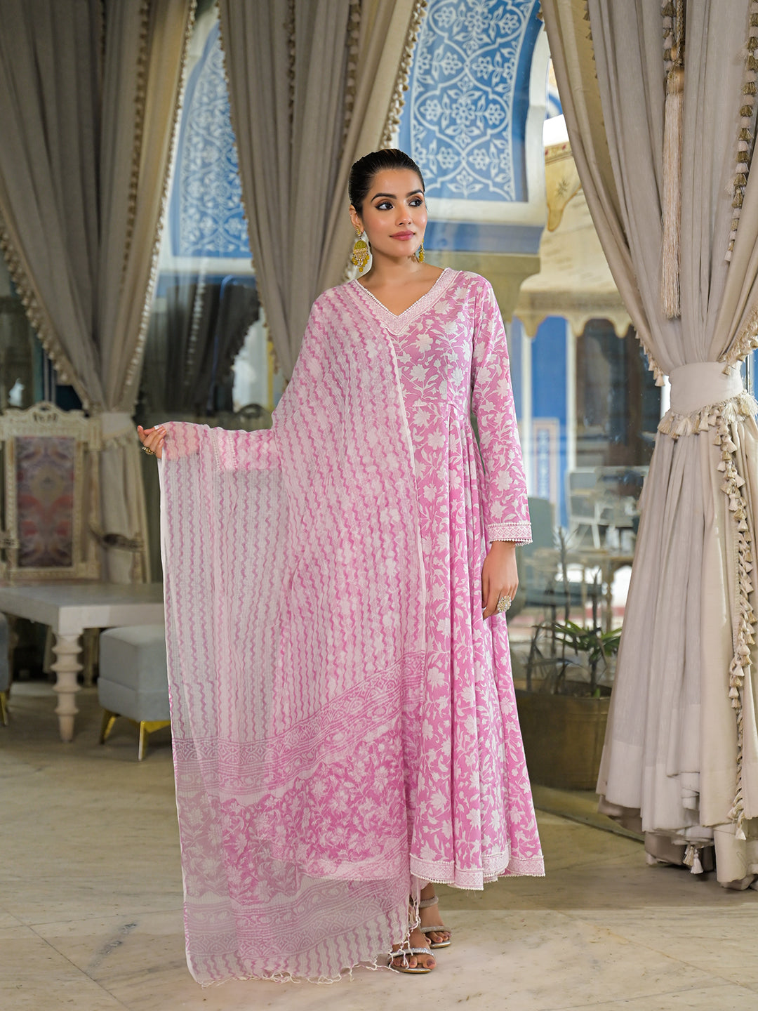 Pink Hand Block Cotton Anarkali Kurta Pant With Dupatta