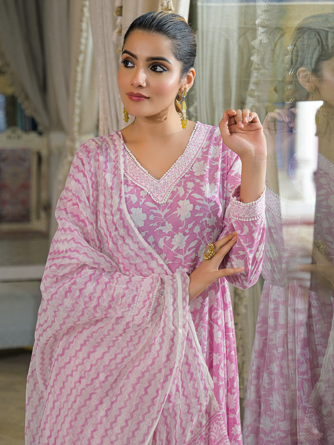 Pink Hand Block Cotton Anarkali Kurta Pant With Dupatta