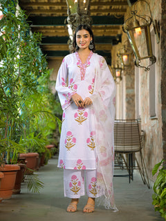 White Hand Block Print Cotton Kurta Sets With Dupatta