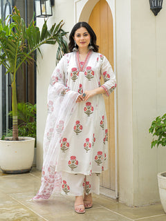 White Cotton Hand Block A-Line Kurta Pant Sets With Dupatta