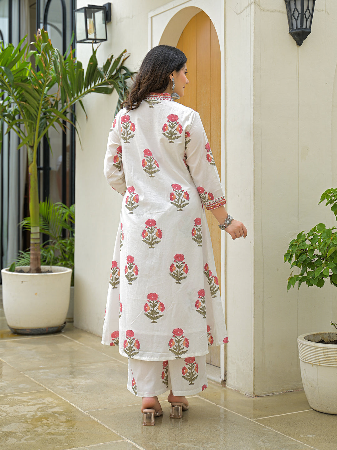 White Cotton Hand Block A-Line Kurta Pant Sets With Dupatta
