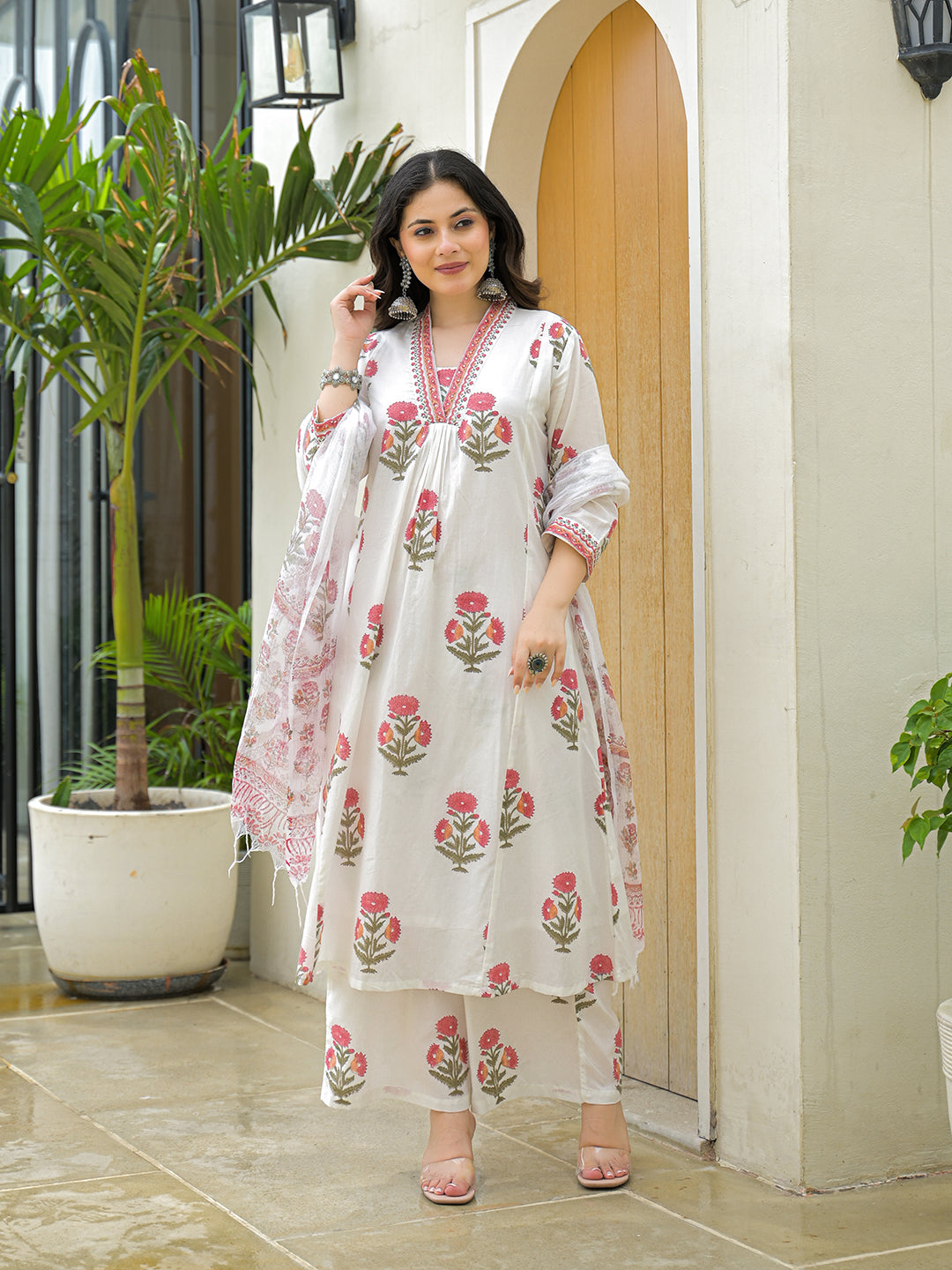 White Cotton Hand Block A-Line Kurta Pant Sets With Dupatta