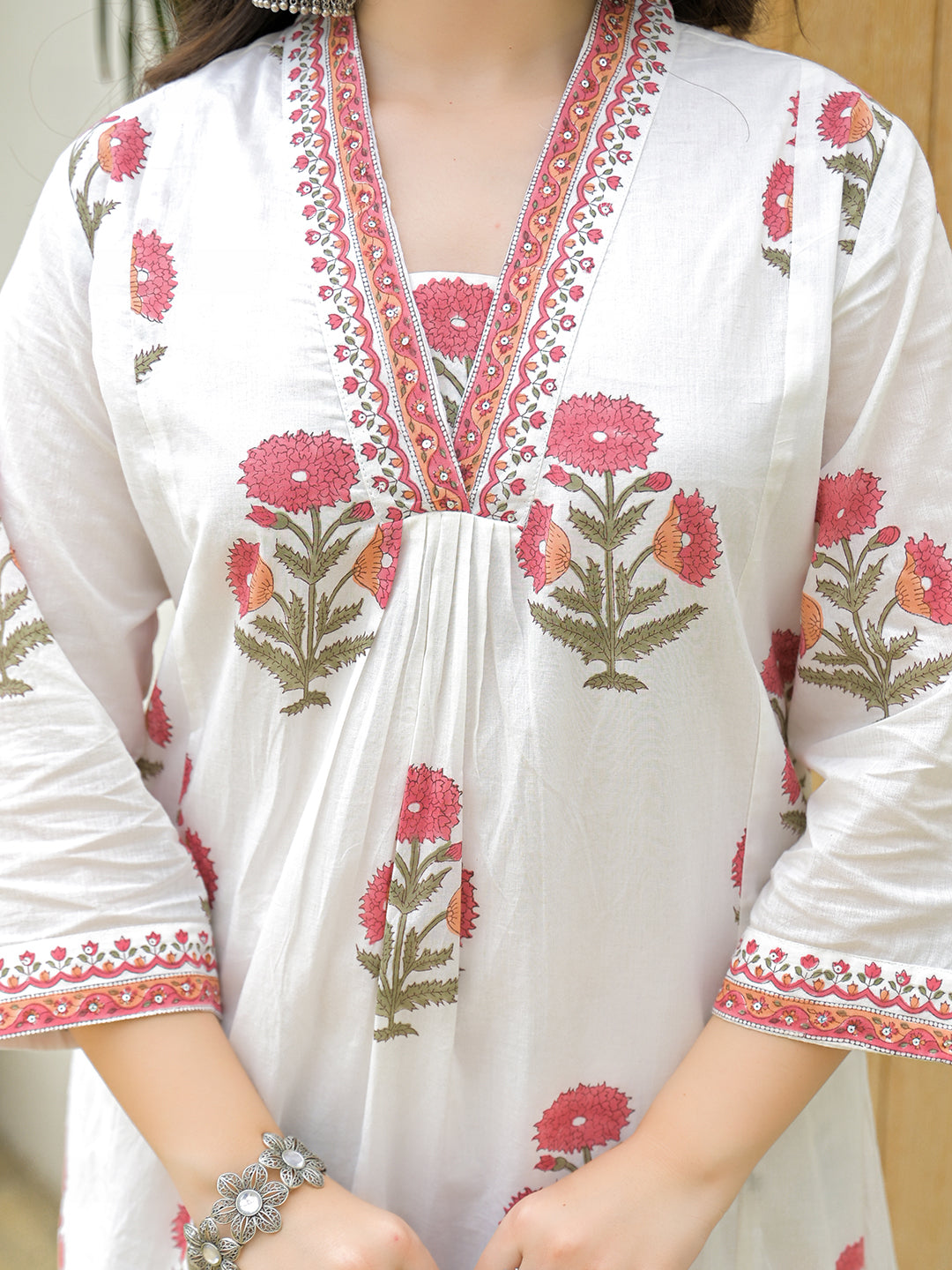 White Cotton Hand Block A-Line Kurta Pant Sets With Dupatta