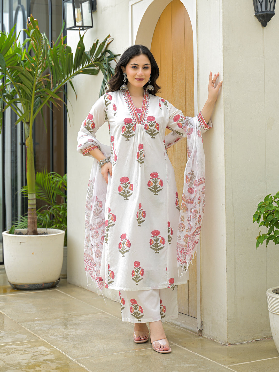 White Cotton Hand Block A-Line Kurta Pant Sets With Dupatta