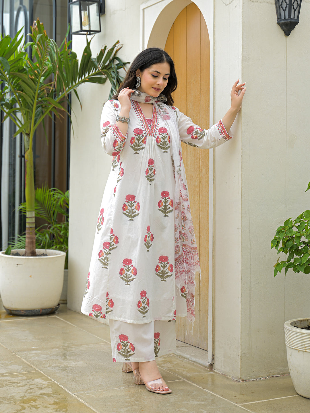 White Cotton Hand Block A-Line Kurta Pant Sets With Dupatta