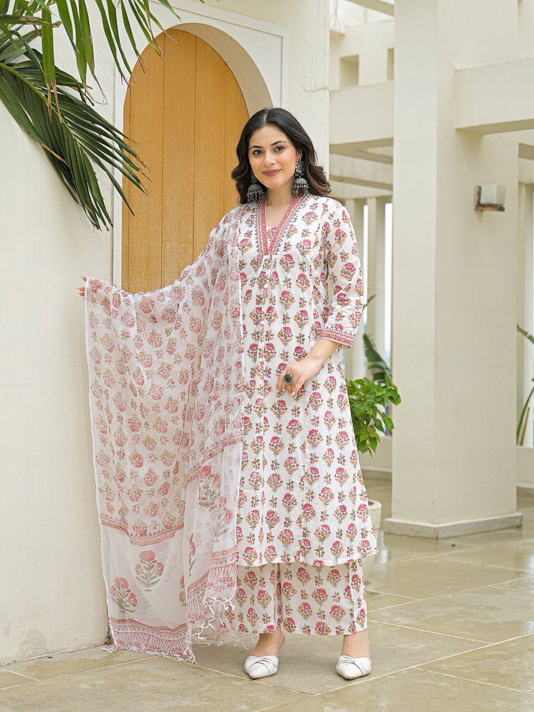 White Cotton Hand Block A-Line Kurta Pant Sets With Dupatta