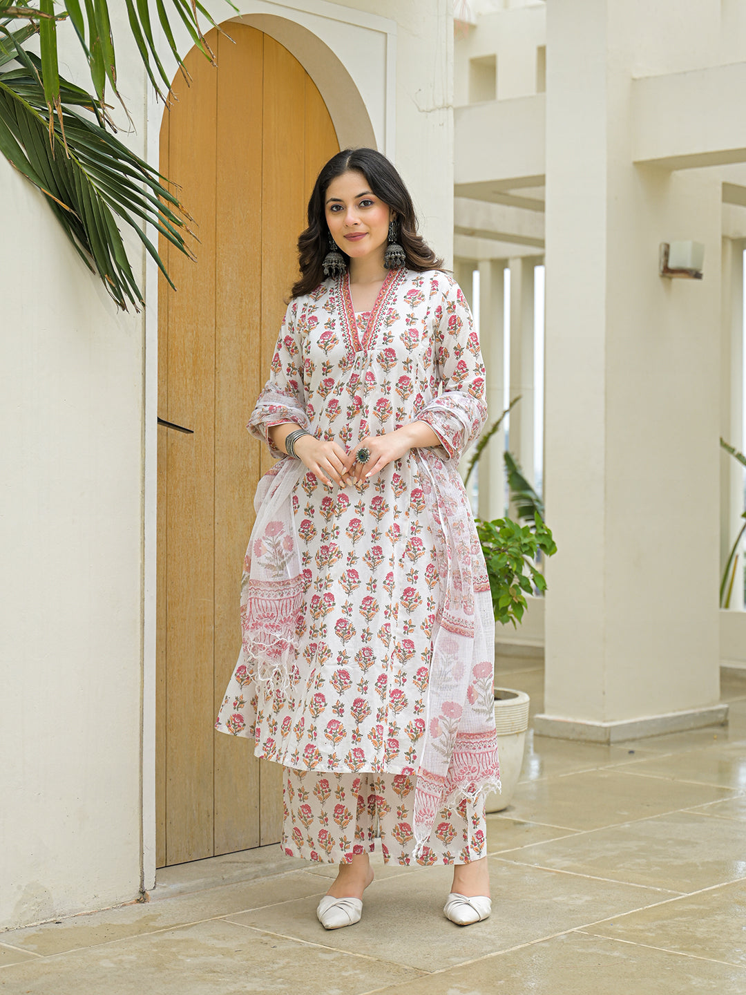 White Cotton Hand Block A-Line Kurta Pant Sets With Dupatta
