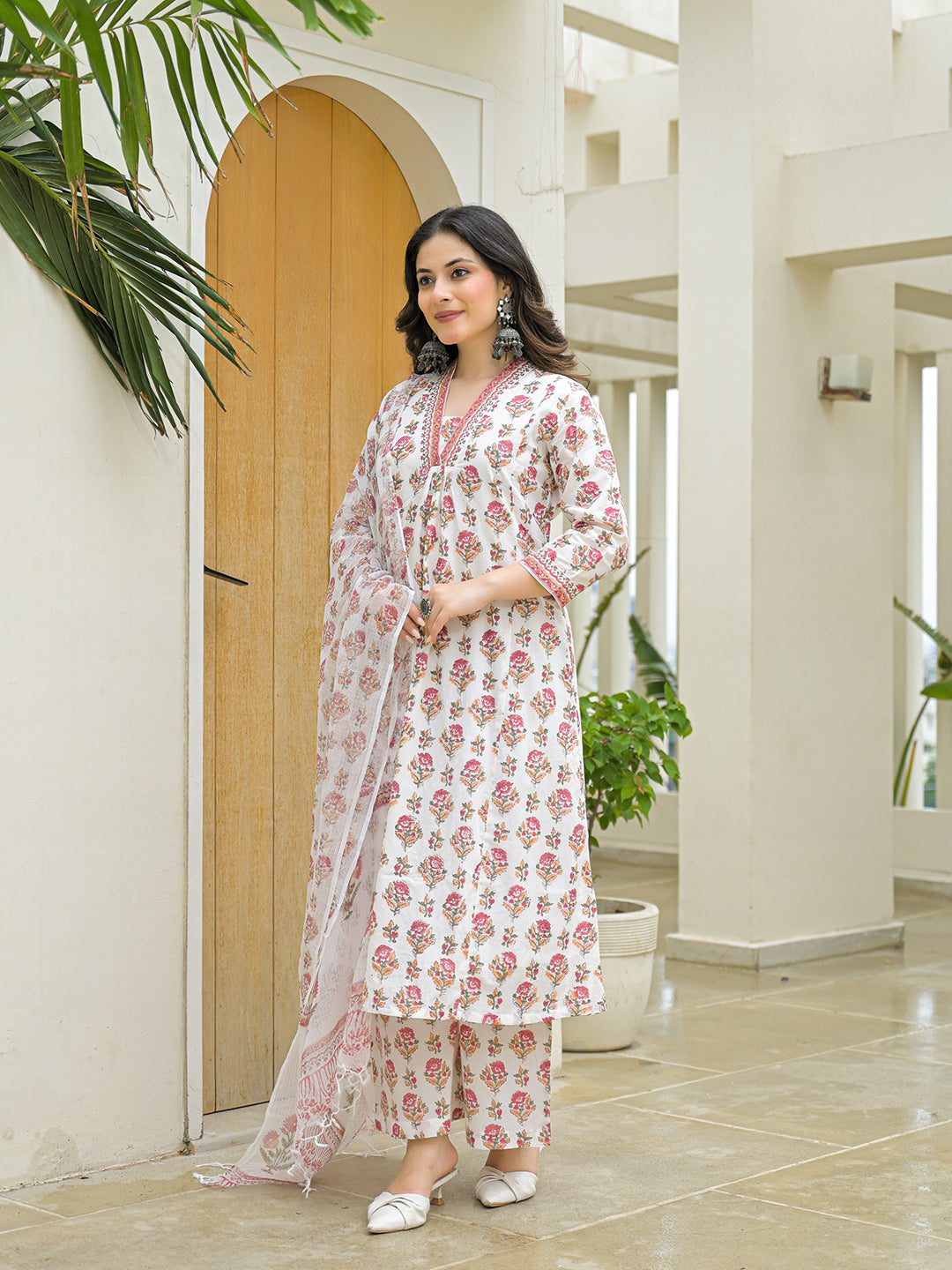 White Cotton Hand Block A-Line Kurta Pant Sets With Dupatta