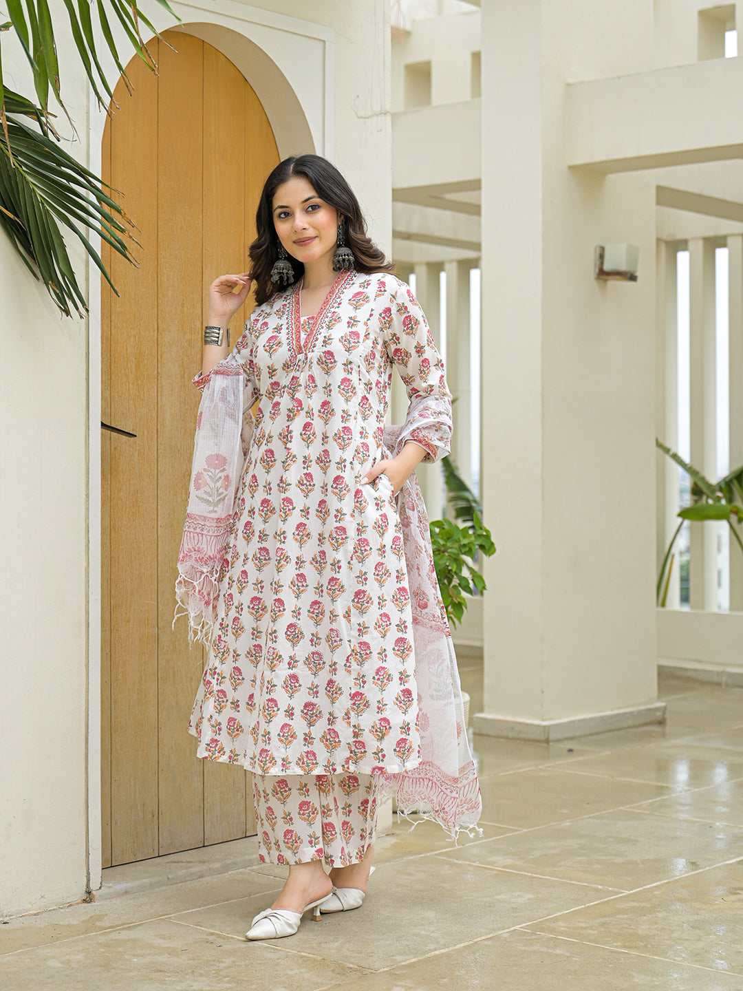 White Cotton Hand Block A-Line Kurta Pant Sets With Dupatta