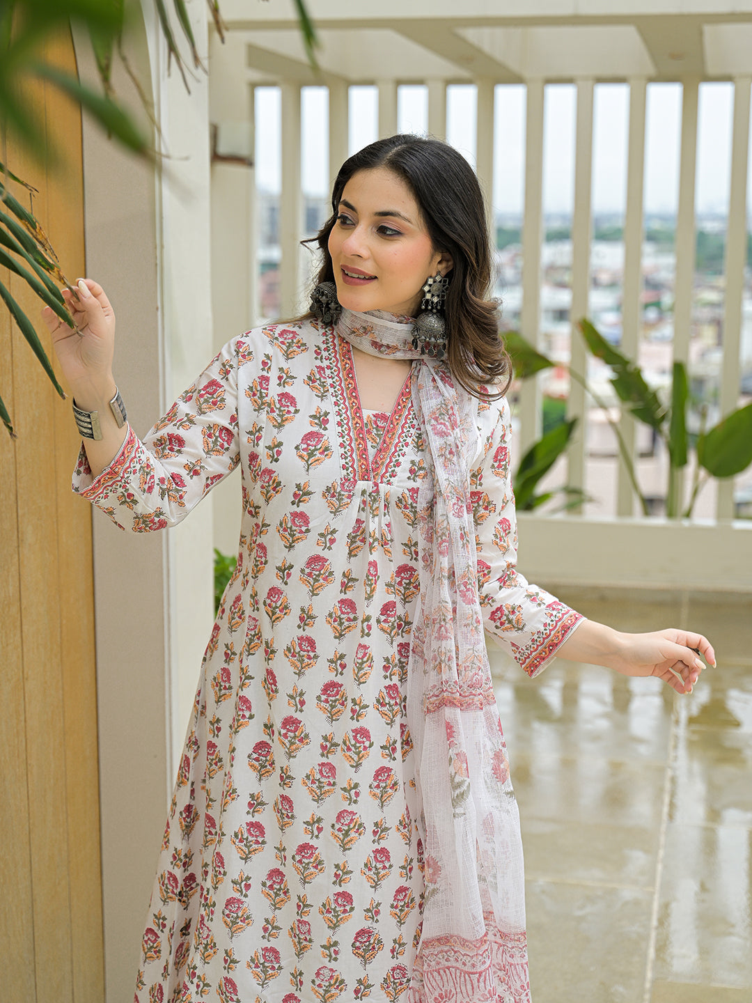 White Cotton Hand Block A-Line Kurta Pant Sets With Dupatta