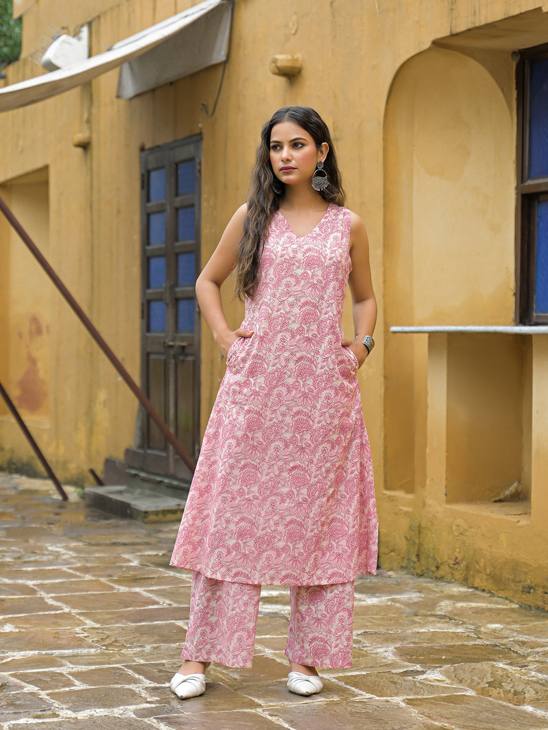 Pink Floral Print A-Line Cotton Kurta Pant Sets