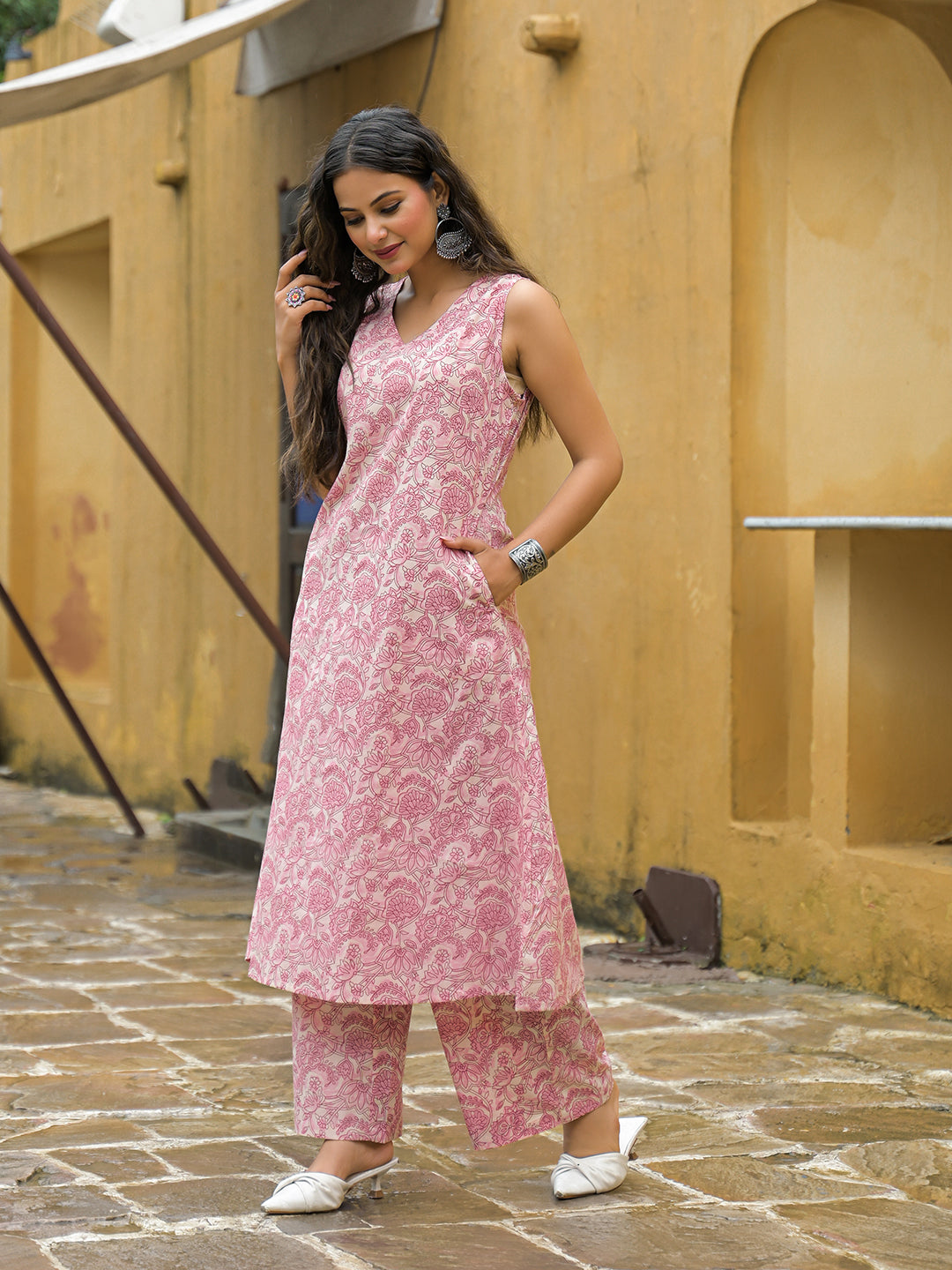 Pink Floral Print A-Line Cotton Kurta Pant Sets