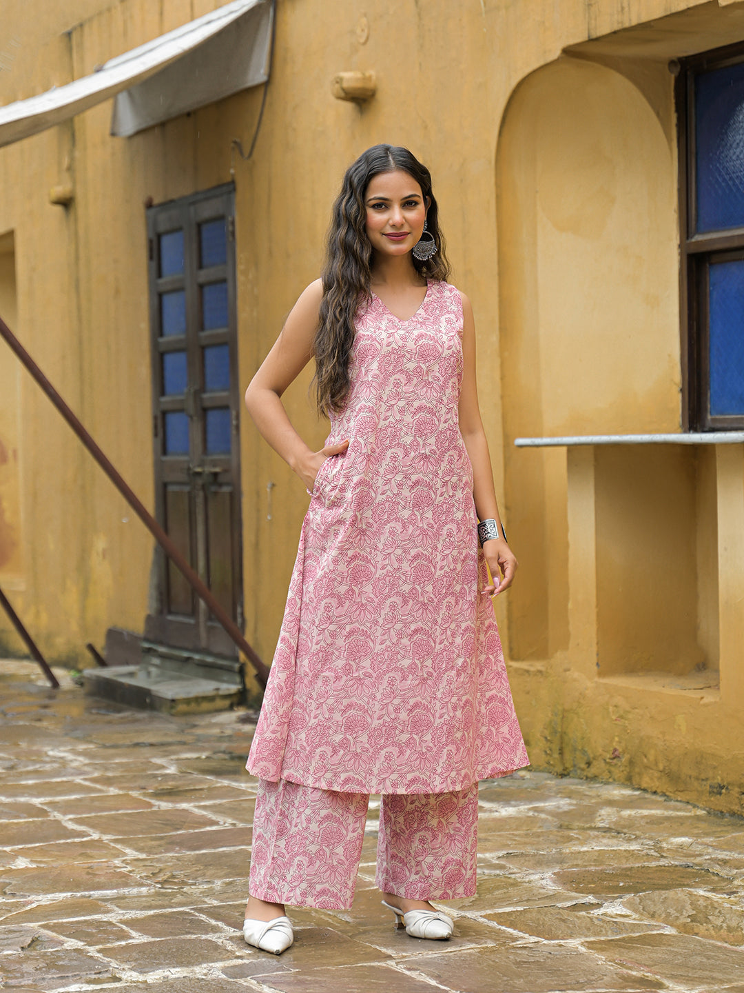 Pink Floral Print A-Line Cotton Kurta Pant Sets