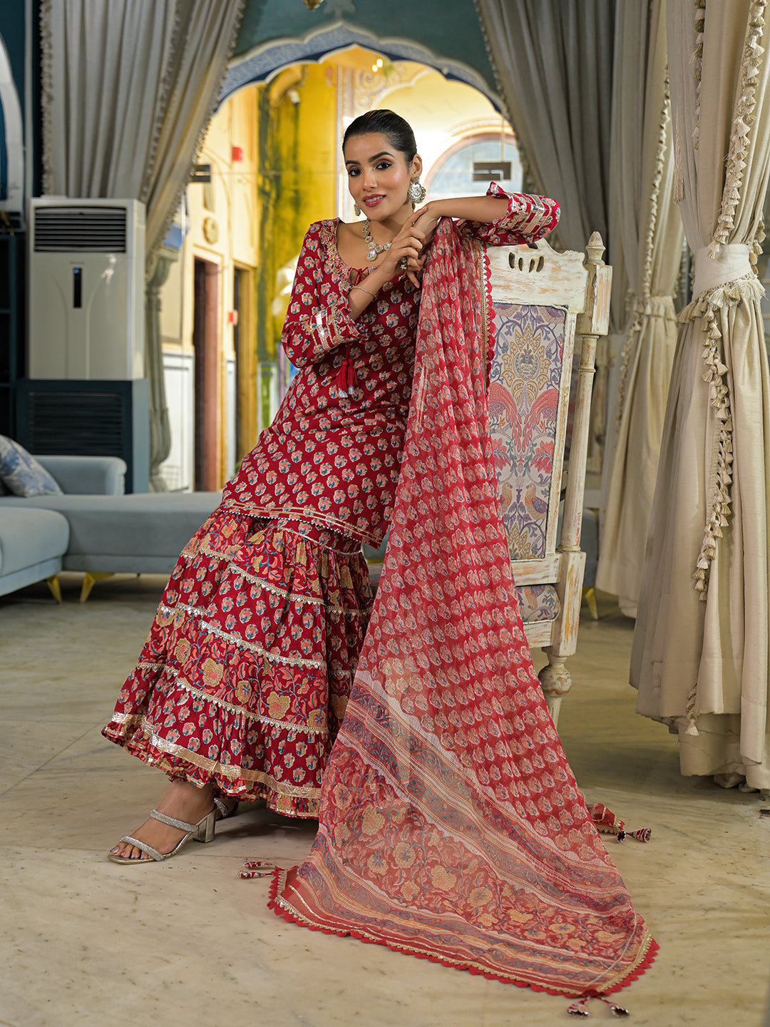 Red Handblock Cotton Straight Kurta Pant With Dupatta