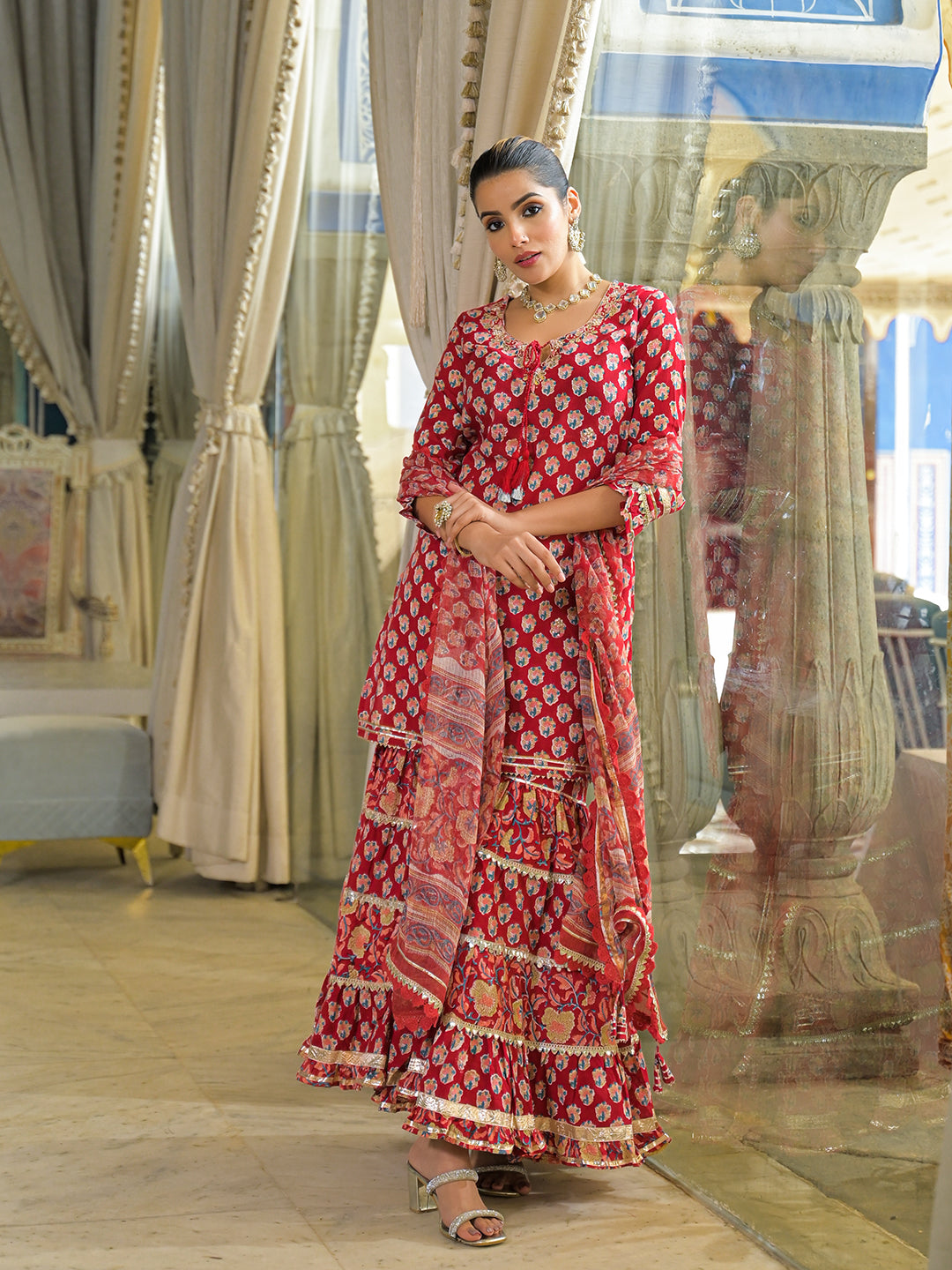 Red Handblock Cotton Straight Kurta Pant With Dupatta