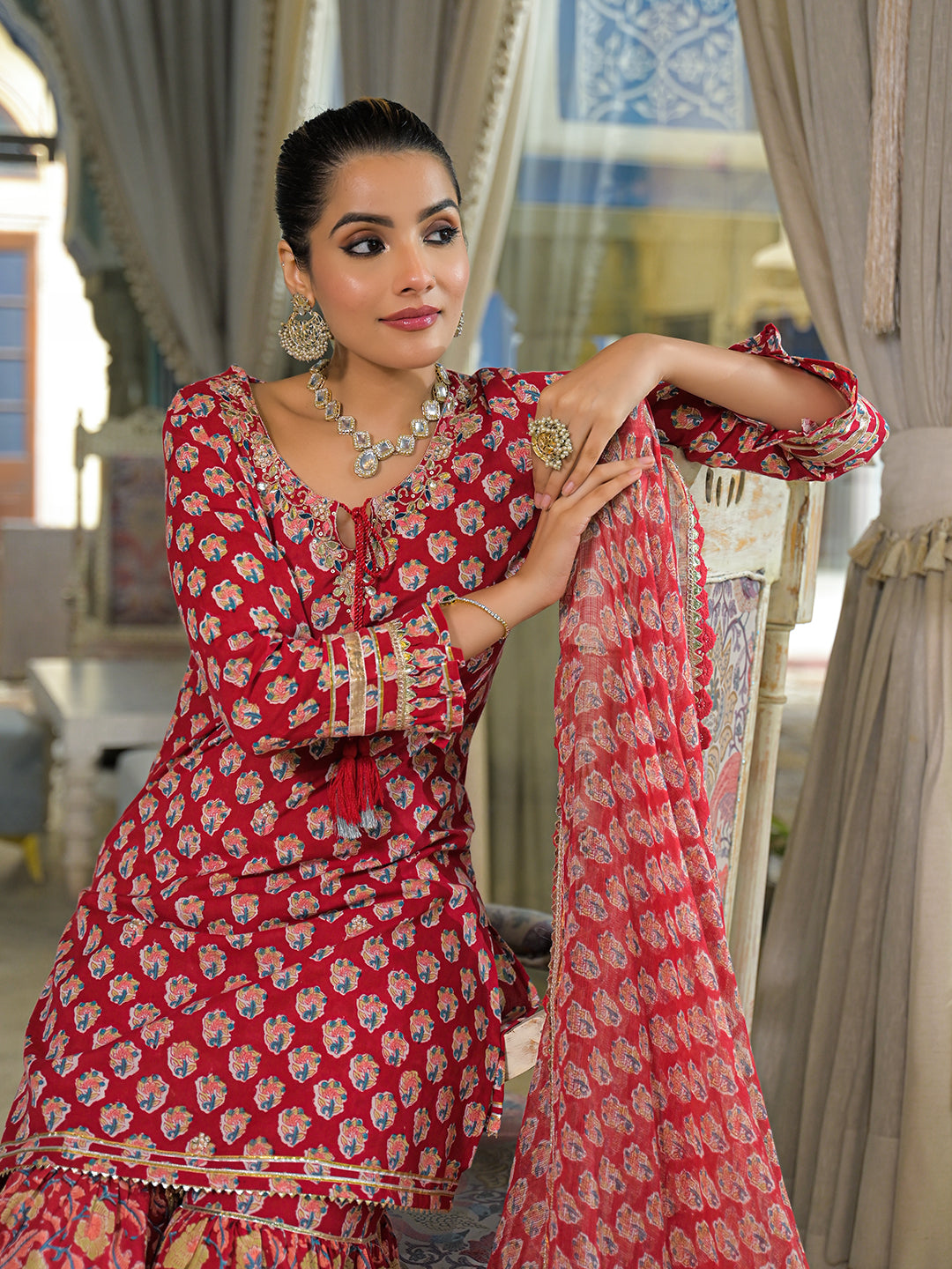 Red Handblock Cotton Straight Kurta Pant With Dupatta