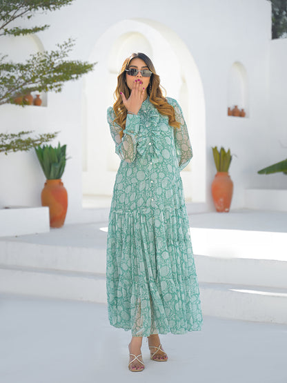 Green Georgette Long Sleeve Maxi Dress