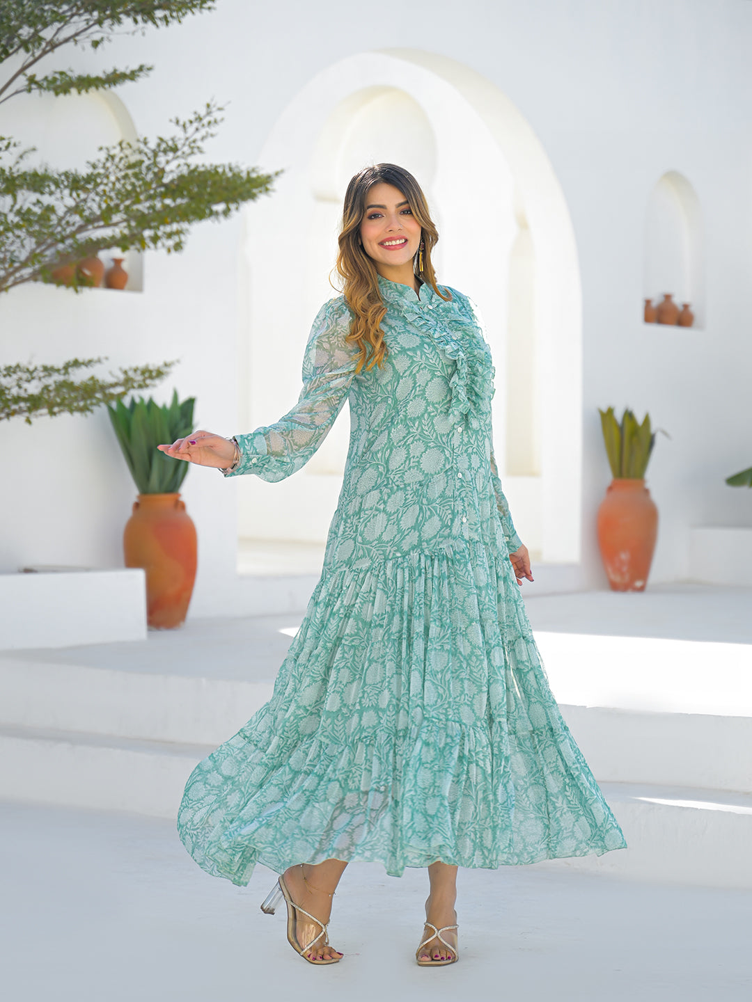 Green Georgette Long Sleeve Maxi Dress