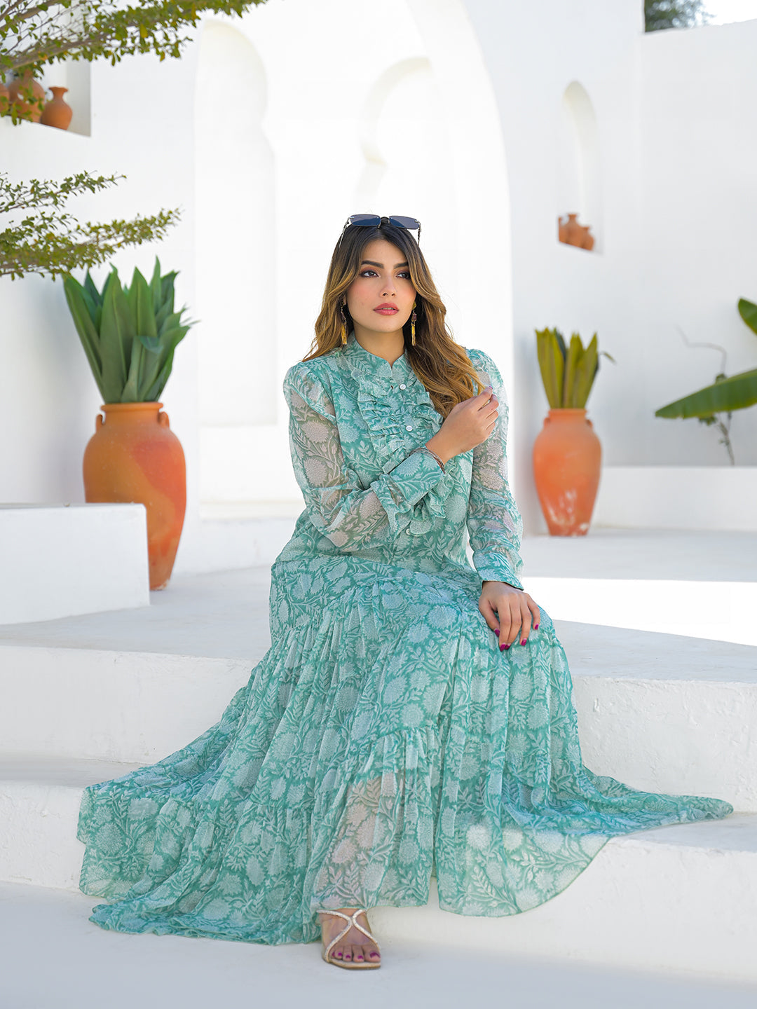 Divena Green Georgette Long Sleeve Maxi Dress