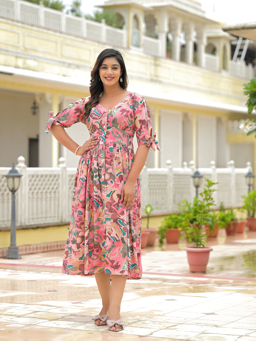Pink Rayon Flare Midi Dress