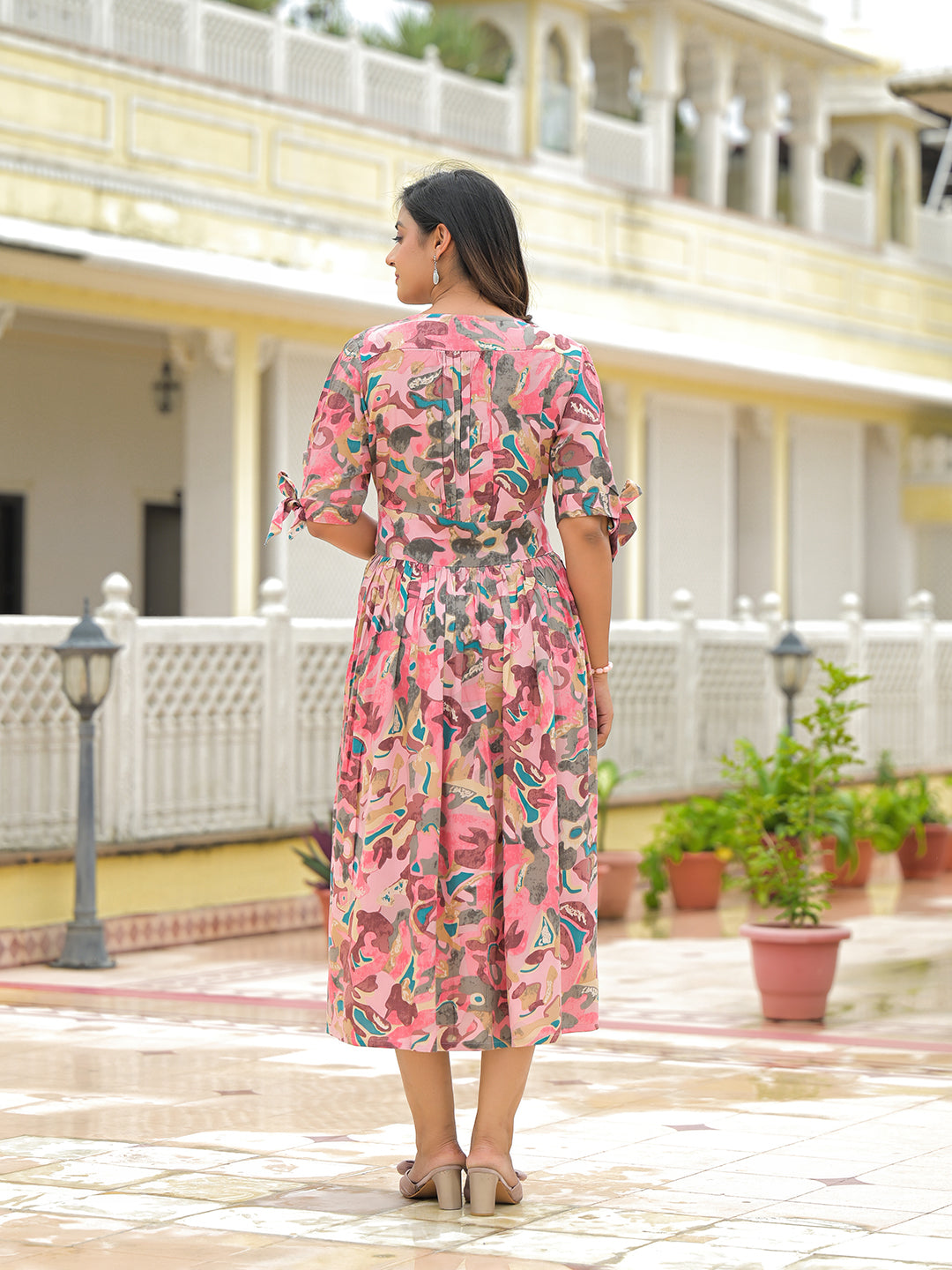 Pink Rayon Flare Midi Dress
