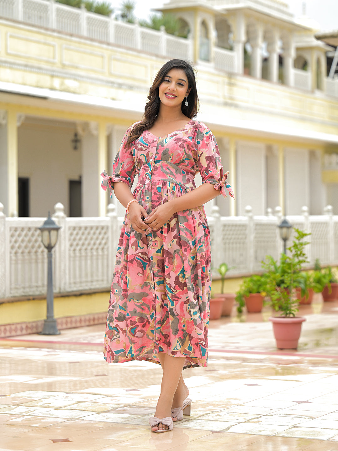 Pink Rayon Flare Midi Dress