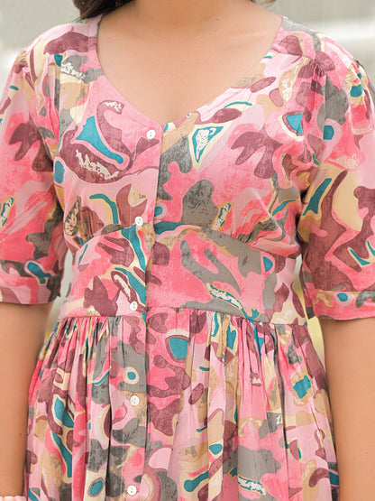Pink Rayon Flare Midi Dress