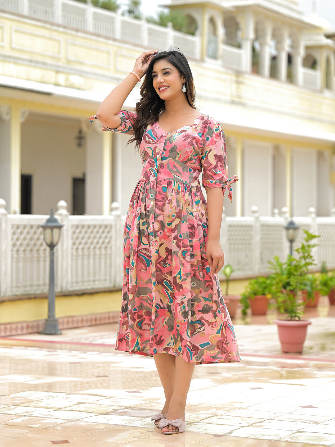 Pink Rayon Flare Midi Dress