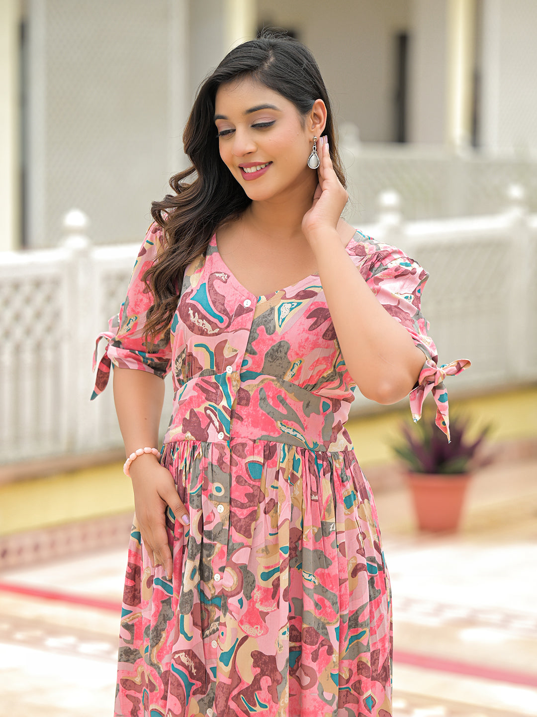 Pink Rayon Flare Midi Dress