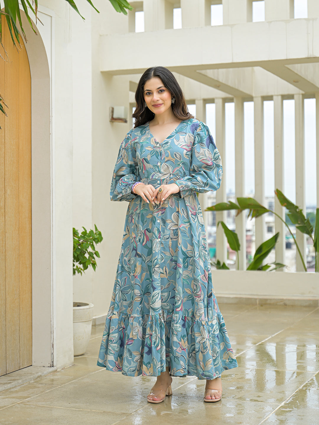 Sky Blue Rayon Flare Dress