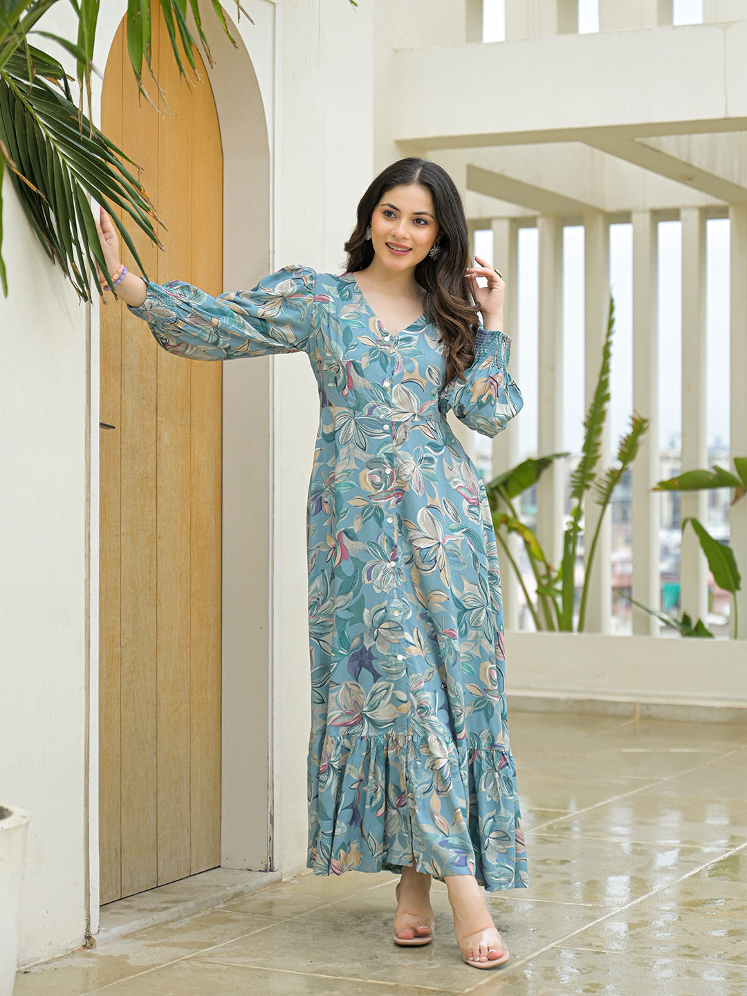 Sky Blue Rayon Flare Dress