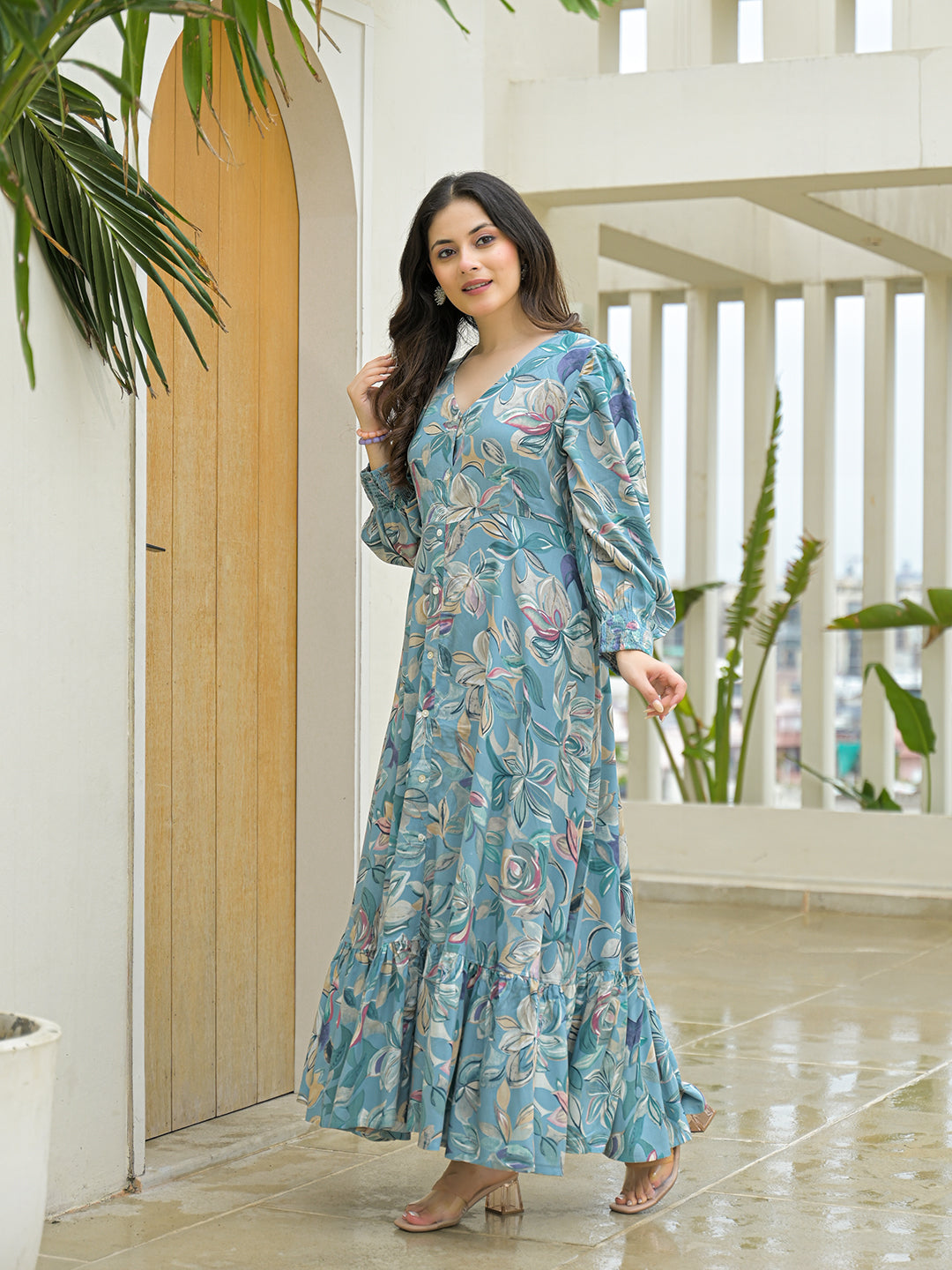 Sky Blue Rayon Flare Dress